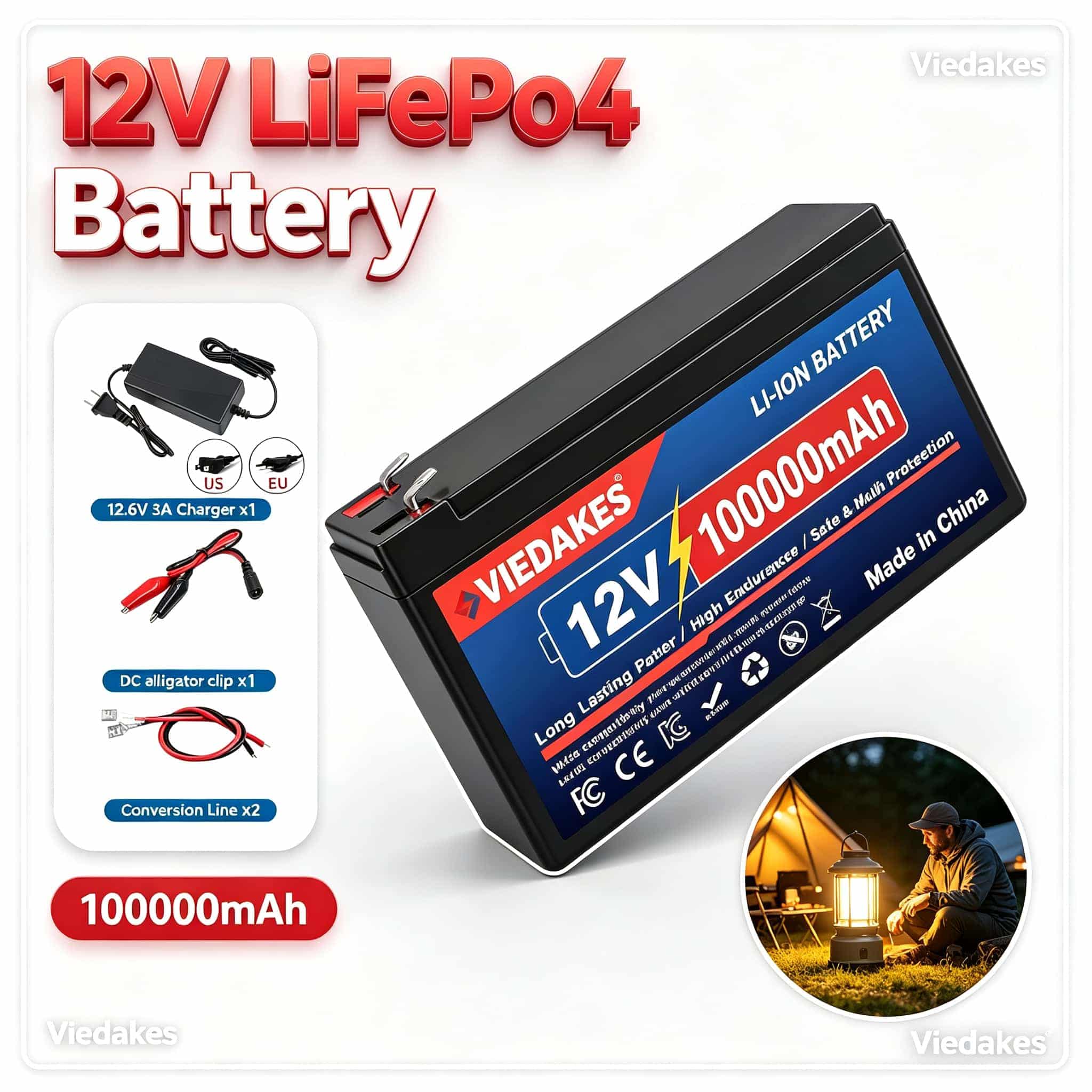 Outdoor Power Kit - VIEDAKES 12V LiFePO4 Rechargeable Battery 100000mAh