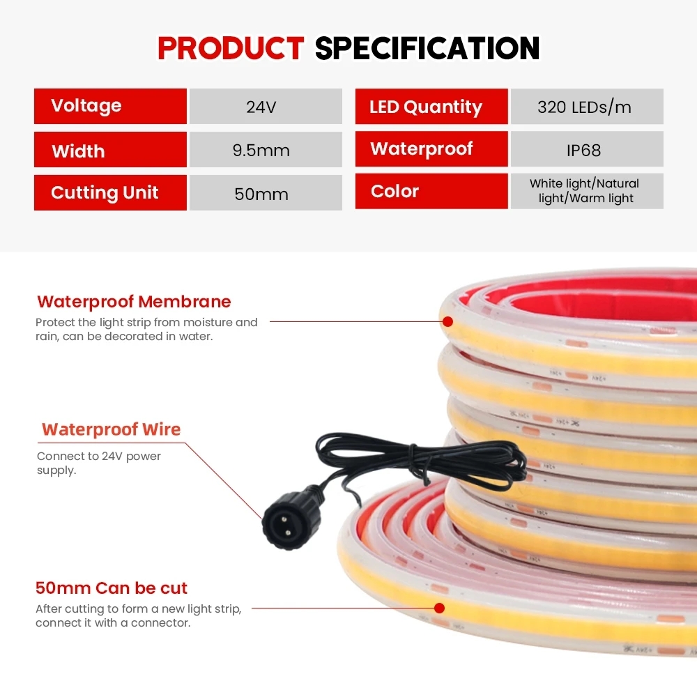 24V COB Strip IP68 Waterproof  - đánh giá và giá Outdoor Power Strip Weatherproof